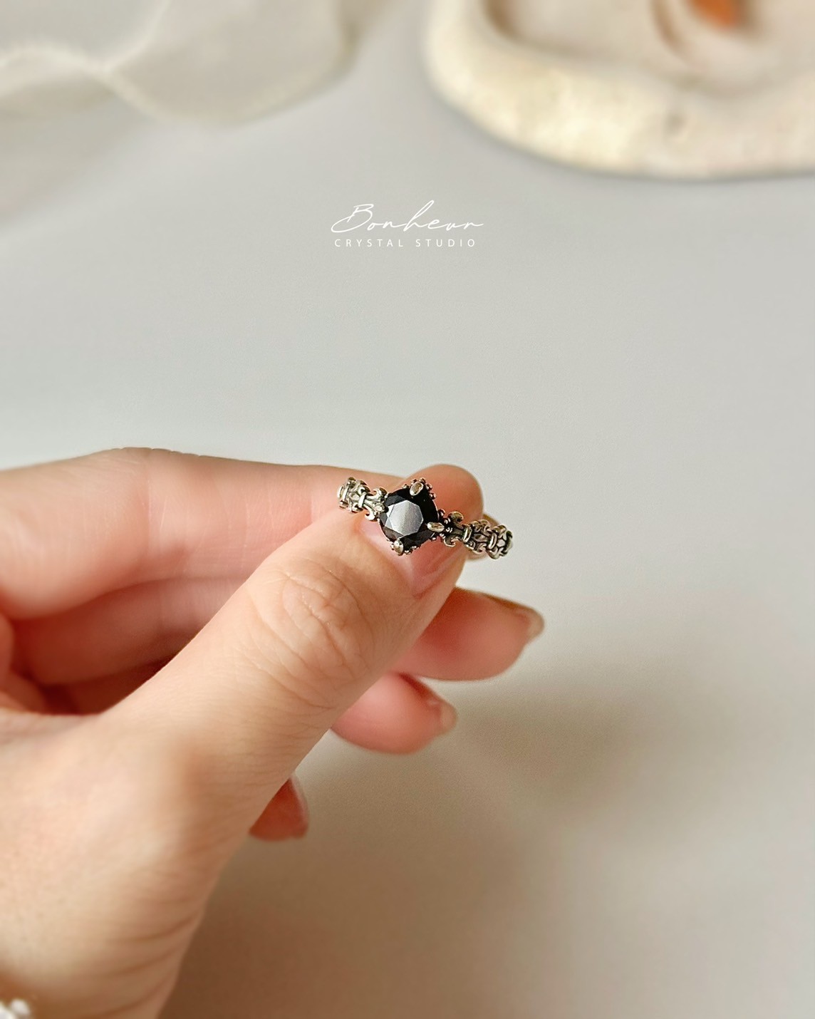 黑尖晶925銀戒指(銀托)#04:圖片 2